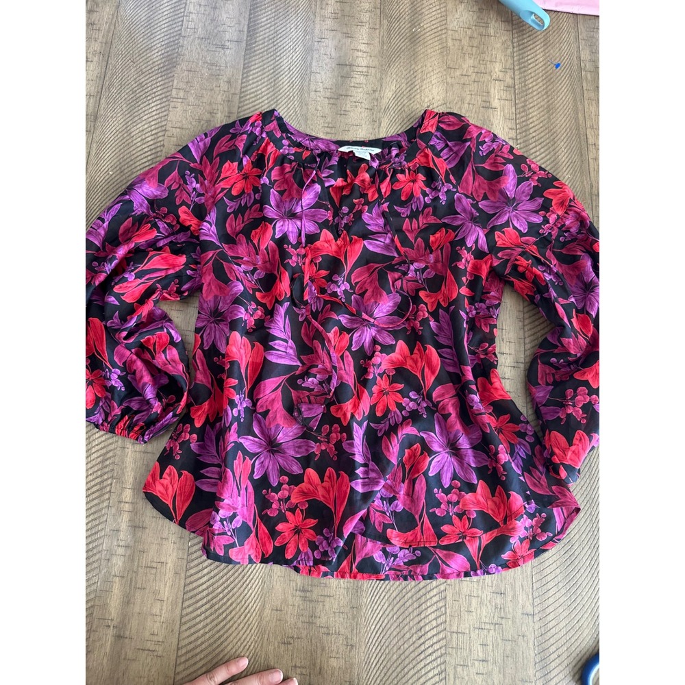 Tommy‎ Bahama Silk Blend Floral Peasant Blouse - XS Boho Tie-Neck Top
